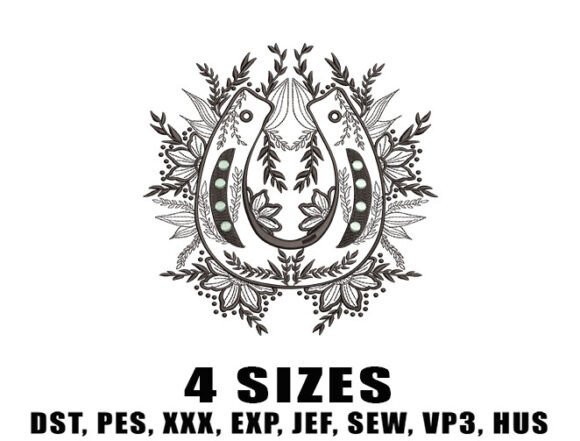 Horseshoe with Flower Embroidery Design